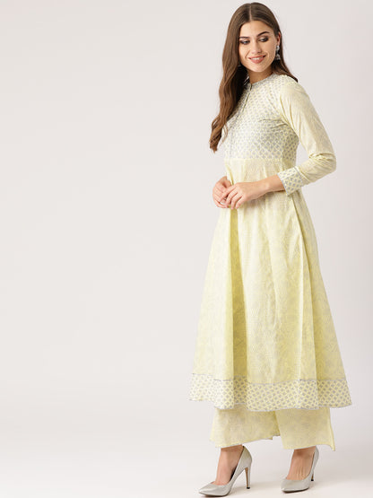 Women Yellow & White Printed Kurta with Palazzos & Dupatta