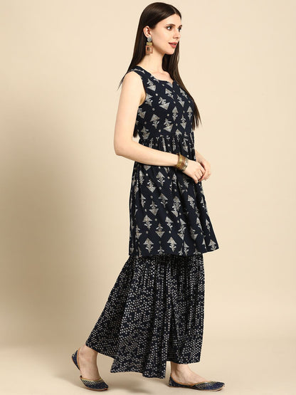 Dhiyona AN Women Navy Blue & Grey Ethnic Motifs Printed Kurta with Sharara & Dupatta