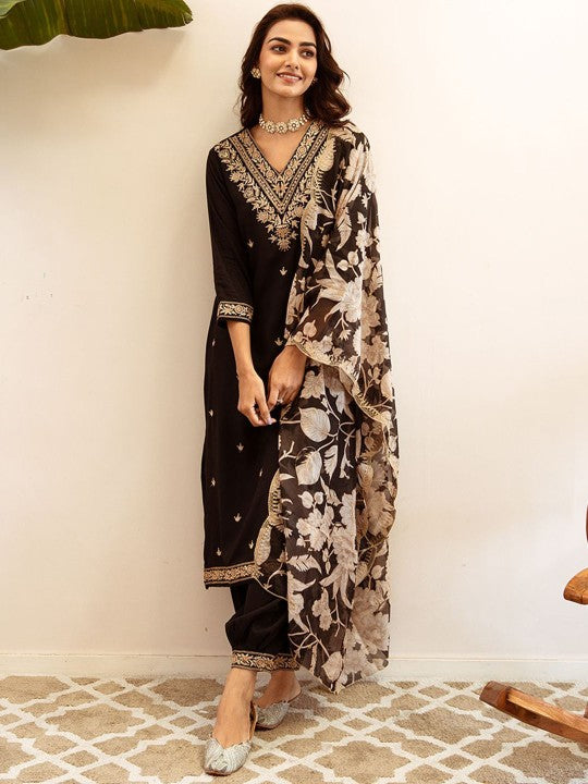 Women's Ethnic Motifs Embroidered Regular Thread Work Kurta with Salwar & Dupatta