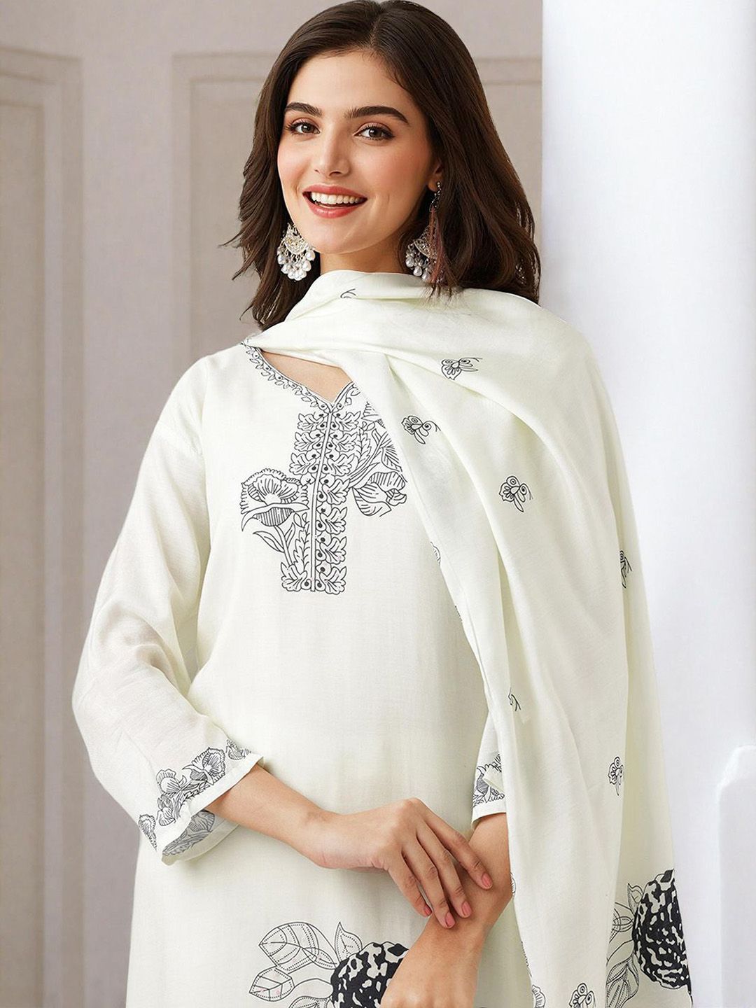 Dhiyona IS Women's Floral Printed Pure Cotton Straight Kurta With Trouser & Dupatta