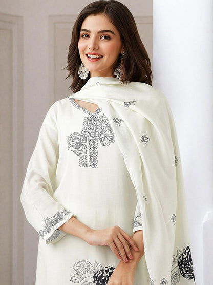 Dhiyona IS Women's Floral Printed Pure Cotton Straight Kurta With Trouser & Dupatta