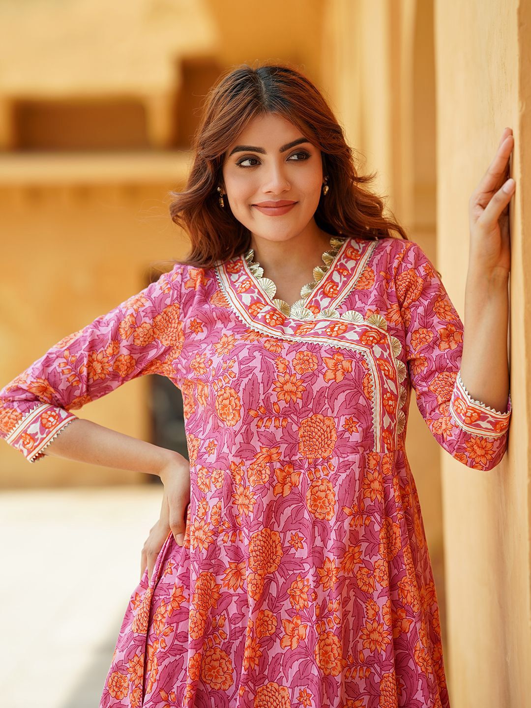 Dhiyona KL Floral Printed Angrakha Pure Cotton Anarkali Kurta With Trousers & Dupatta