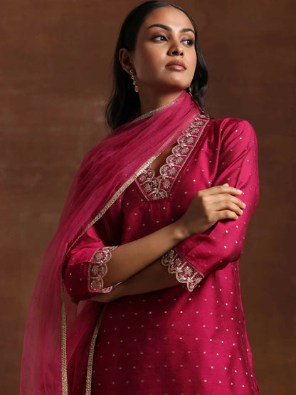 Women's LB Pink Self Design Silk Blend Straight Suit With Dupatta