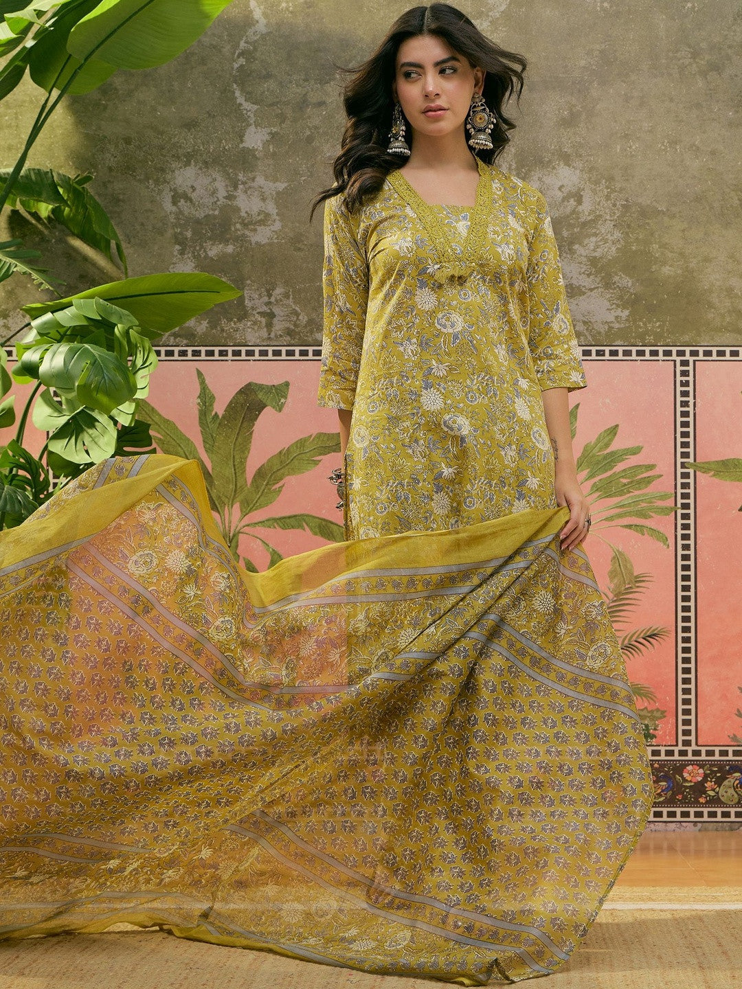 Printed Straight Kurta With Trousers & Dupatta Set