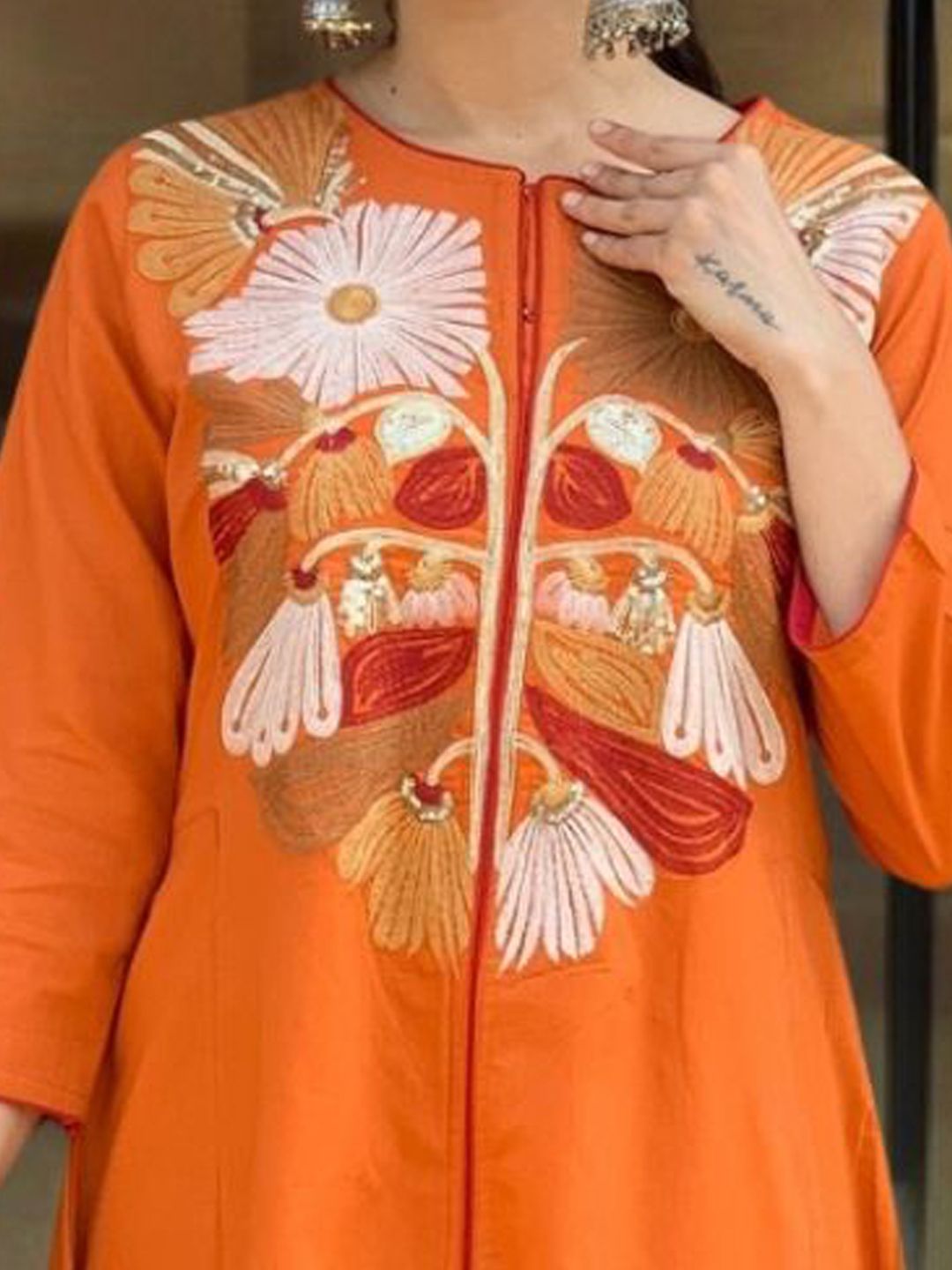 Dhiyona KL Floral Yoke Design Chanderi Silk Thread Work A-Line Kurta & Palazzos With Dupatta