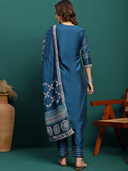 Embroidered Round Neck Straight Kurta With Trousers & Dupatta