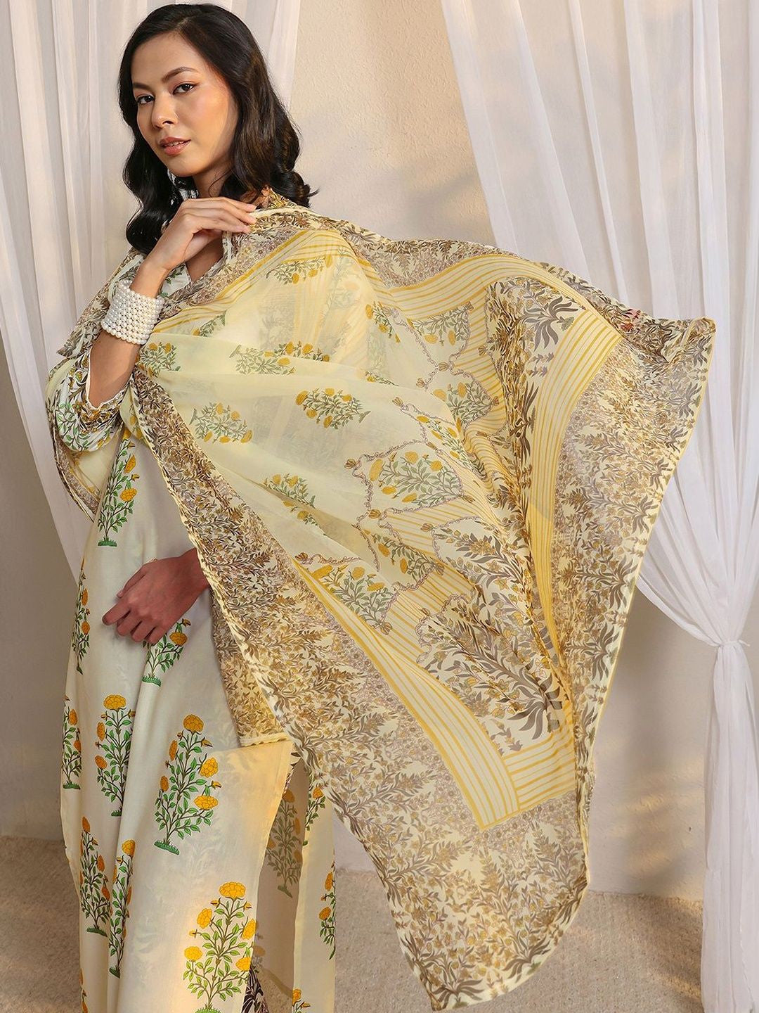 Off White Floral Printed Chanderi Silk Straight Suit Set with Dupatta