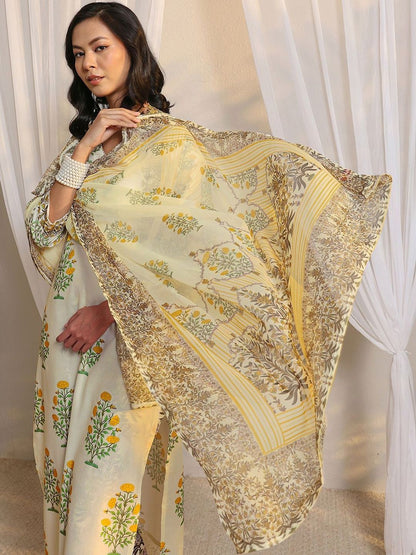 Off White Floral Printed Chanderi Silk Straight Suit Set with Dupatta