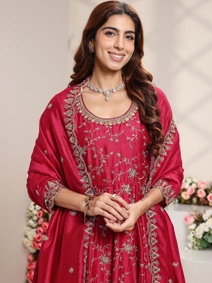 Red Floral Embroidered Anarkali Suit Set with Dupatta