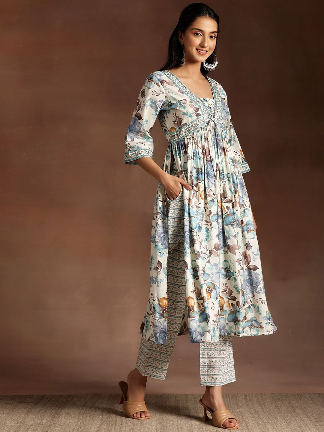 Floral Printed Empire Sequinned Kurta with Palazzo & Dupatta