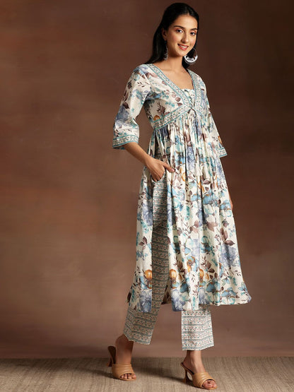 Floral Printed Empire Sequinned Kurta with Palazzo & Dupatta