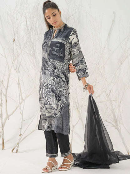 Dhiyona IS Women's Floral Printed Linen Straight Kurta with Trousers & Dupatta
