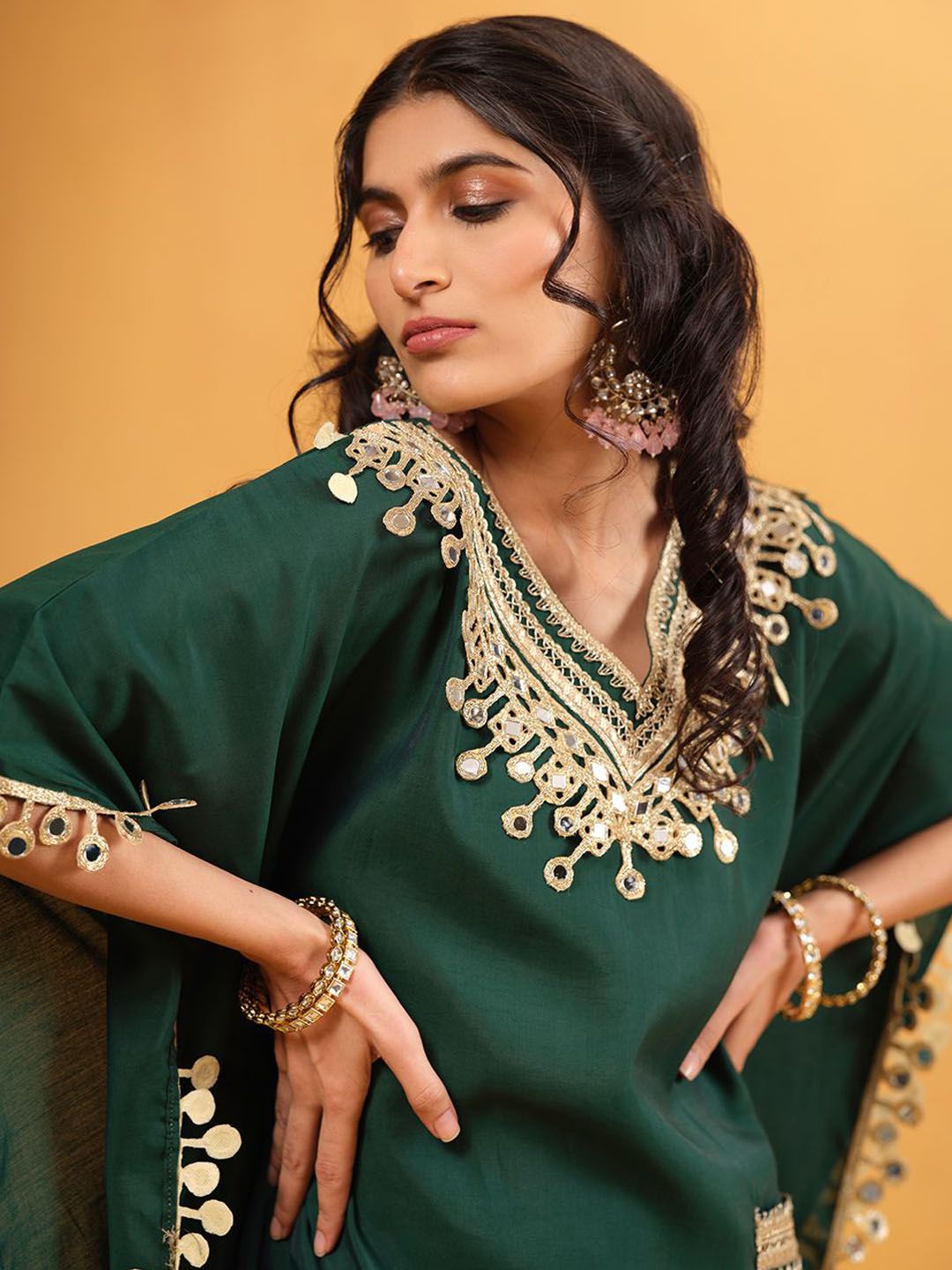 Dhiyona IS Women's Women Solid Embroidered Kaftan Kurta with Trousers