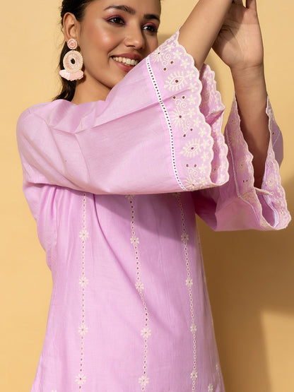 Self-Deisgn V-Neck Flared Sleeves Pure Cotton Kurta Set