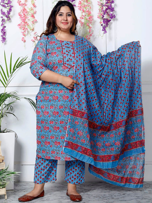 Dhiyona KL Floral Printed Round Neck Sequinned Pure Cotton Kurta with Trousers & With Dupatta