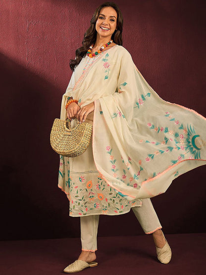 Dhiyona IS Women's Floral Embroidered Straight Pure Cotton Thread Work Kurta with Trousers & Dupatta