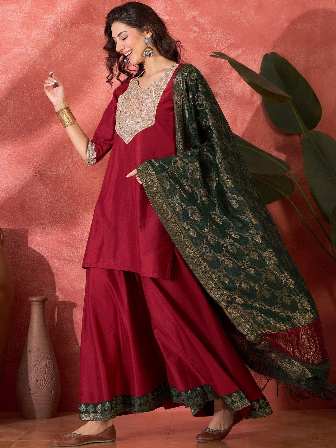Floral Embroidered V-Neck Sequinned Kurta With Palazzos & Dupatta