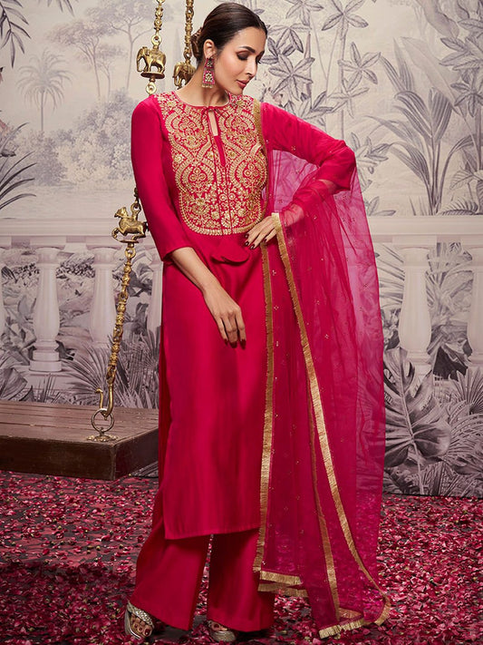 Dhiyona IN Ethnic Motifs Yoke Design Tie-Up Neck Zari Kurta Set With Dupatta