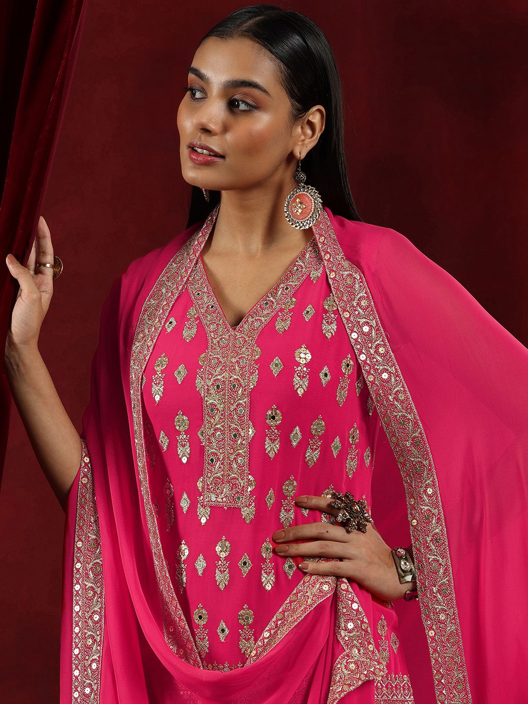 Dhiyona LL Floral Embroidered Regular Mirror Work Straight Kurta With Palazzos & Dupatta