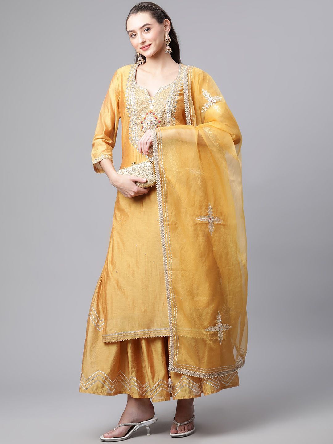 Dhiyona KL Floral Yoke Designed Regular Zari Chanderi Silk Kurta with Sharara & Dupatta