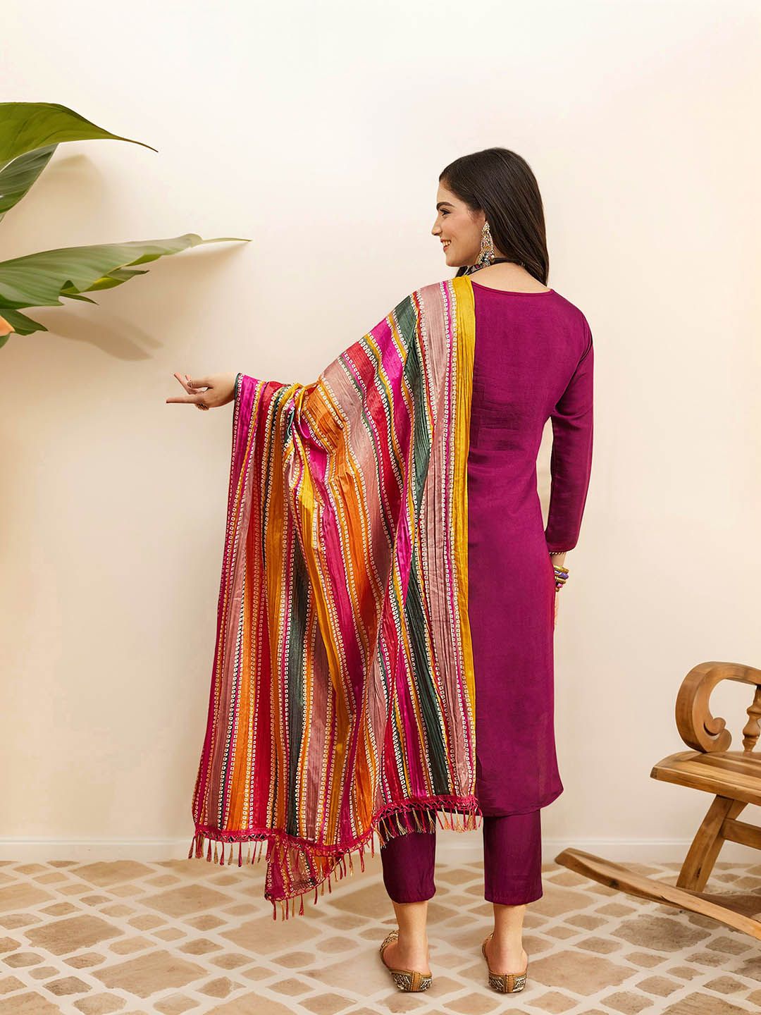 Dhiyona IS Women's Ethnic Motifs Embroidered Pure Cotton Straight Kurta with Trousers & Dupatta