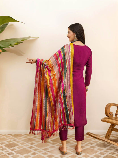 Dhiyona IS Women's Ethnic Motifs Embroidered Pure Cotton Straight Kurta with Trousers & Dupatta