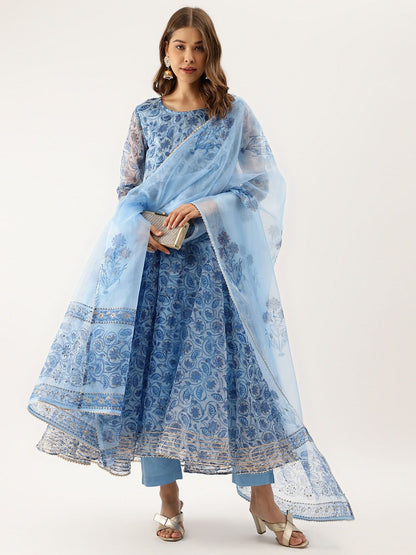 Dhiyona KL Floral Printed Gotta Patti Detail Anarkali Kurta & Trousers With Dupatta