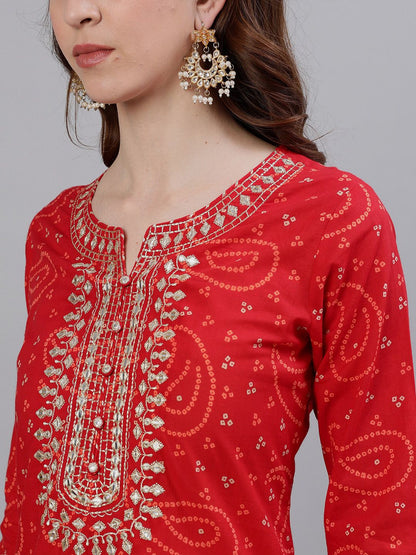 Dhiyona IS Women's Bandhani Printed Gotta Patti Pure Cotton Kurta with Sharara & With Dupatta