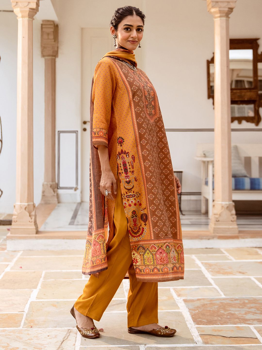 Dhiyona IS Women's Ethnic Motifs Printed Pure Cotton Round Neck Straight Kurta with Trousers & Dupatta