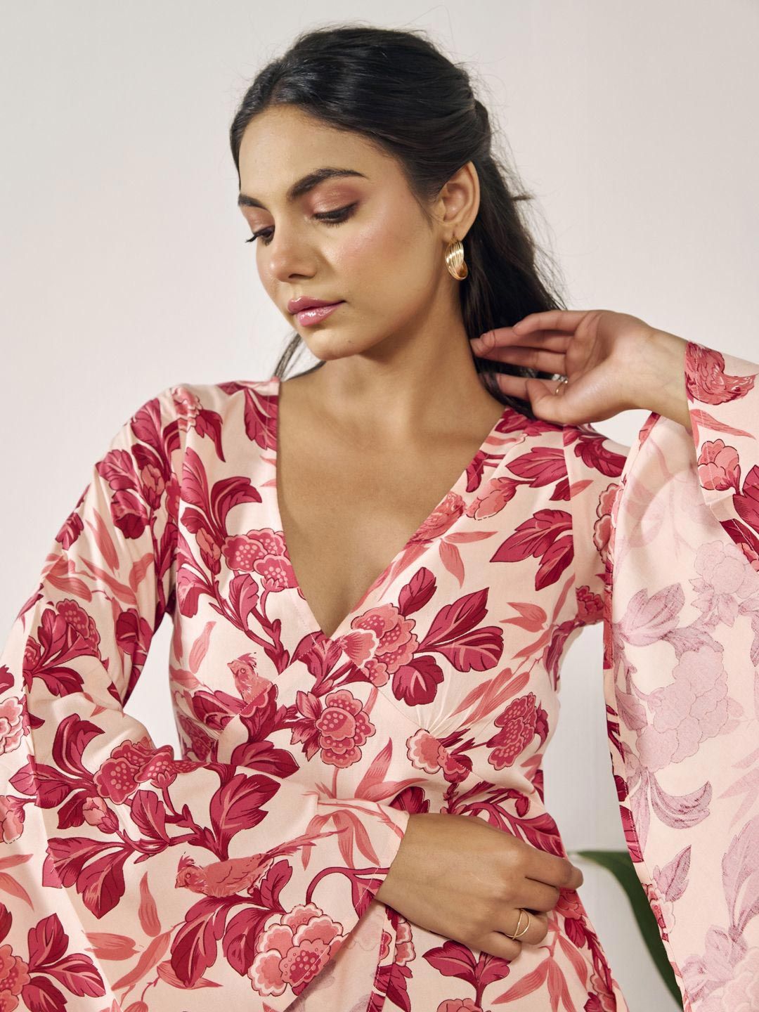 Dhiyona AY Women's Floral Print Flared Sleeve A-Line Dress