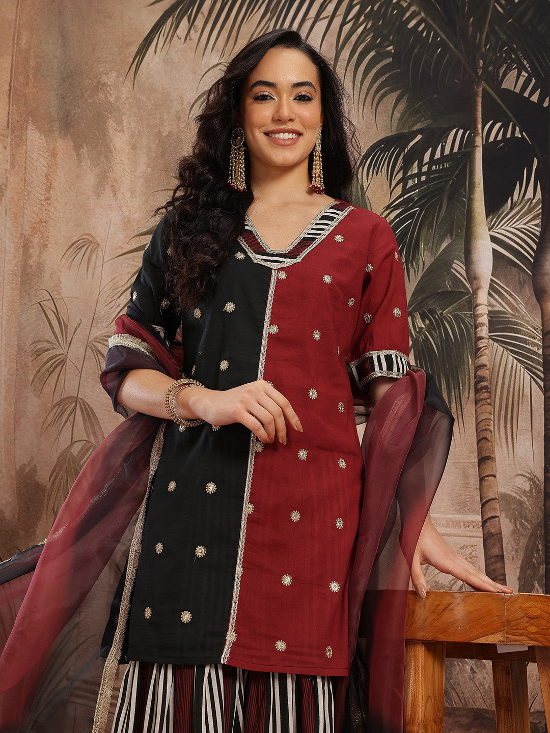Dhiyona SN Floral Embroidered Gotta Patti Detail Pure Cotton Kurti with Sharara & Dupatta