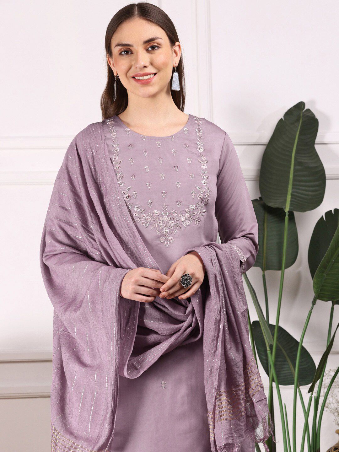 Dhiyona IS Women's Ethnic Motifs Embroidered Straight Thread Work Kurta with Trousers & Dupatta