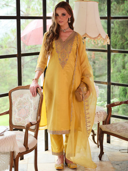 Floral Yoke Design Sequnnied Straight Kurta With Trousers & Dupatta
