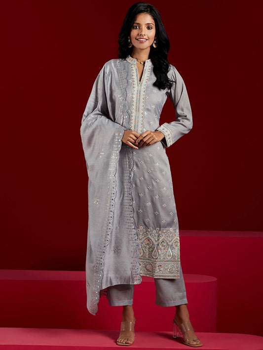 Floral Embroidered Mandarin Collar Kurta with Trousers & Dupatta