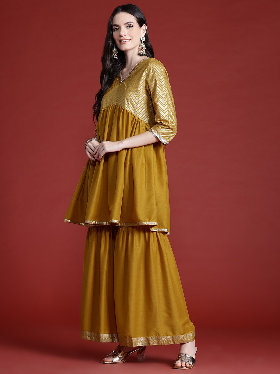 Dhiyona AN Printed Panelled Sequinned Kurta with Sharara & Dupatta