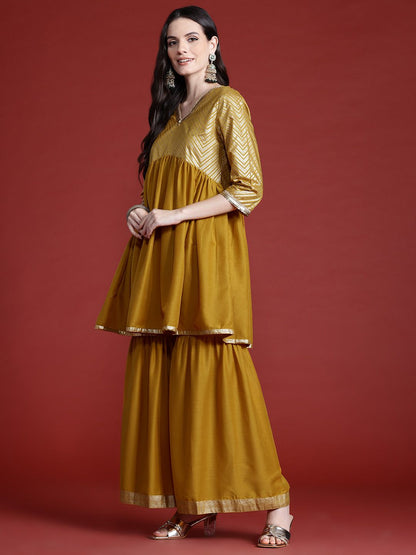 Dhiyona AN Printed Panelled Sequinned Kurta with Sharara & Dupatta