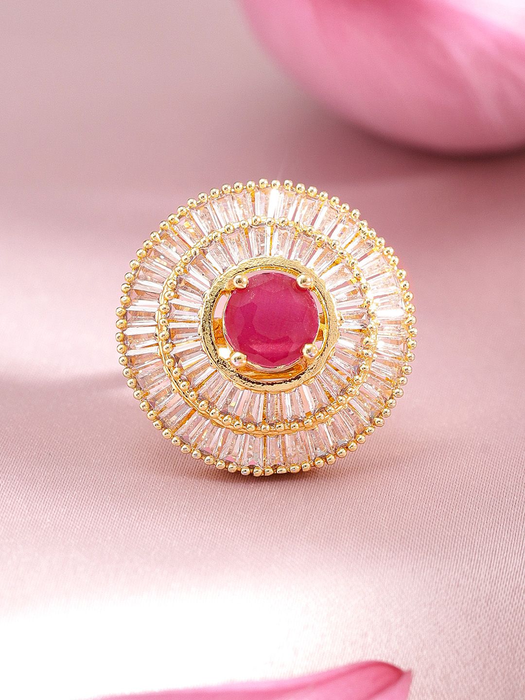 Dhiyona RJ Women's 22K Gold Plated Ruby Pink & White American Diamond Studded Adjustable Finger Ring