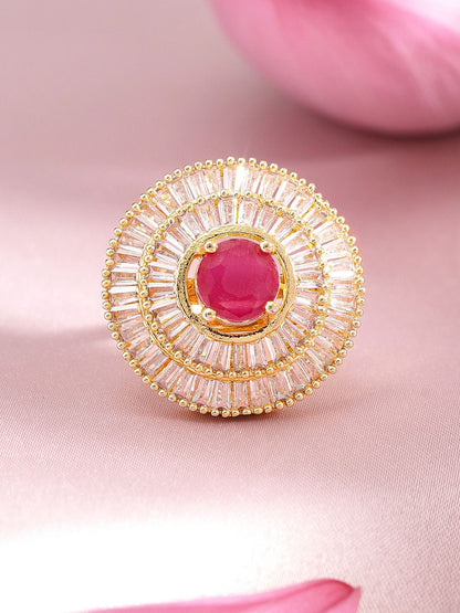 Dhiyona RJ Women's 22K Gold Plated Ruby Pink & White American Diamond Studded Adjustable Finger Ring