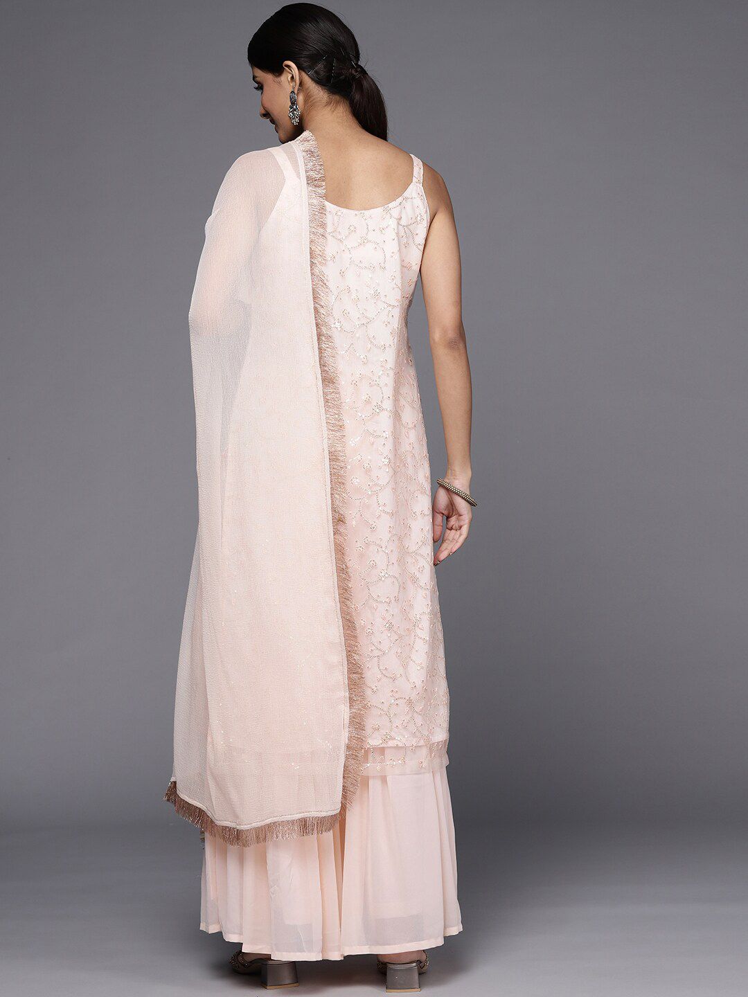 Dhiyona KL Floral Embroidered Regular Sequinned Kurta with Sharara & Dupatta