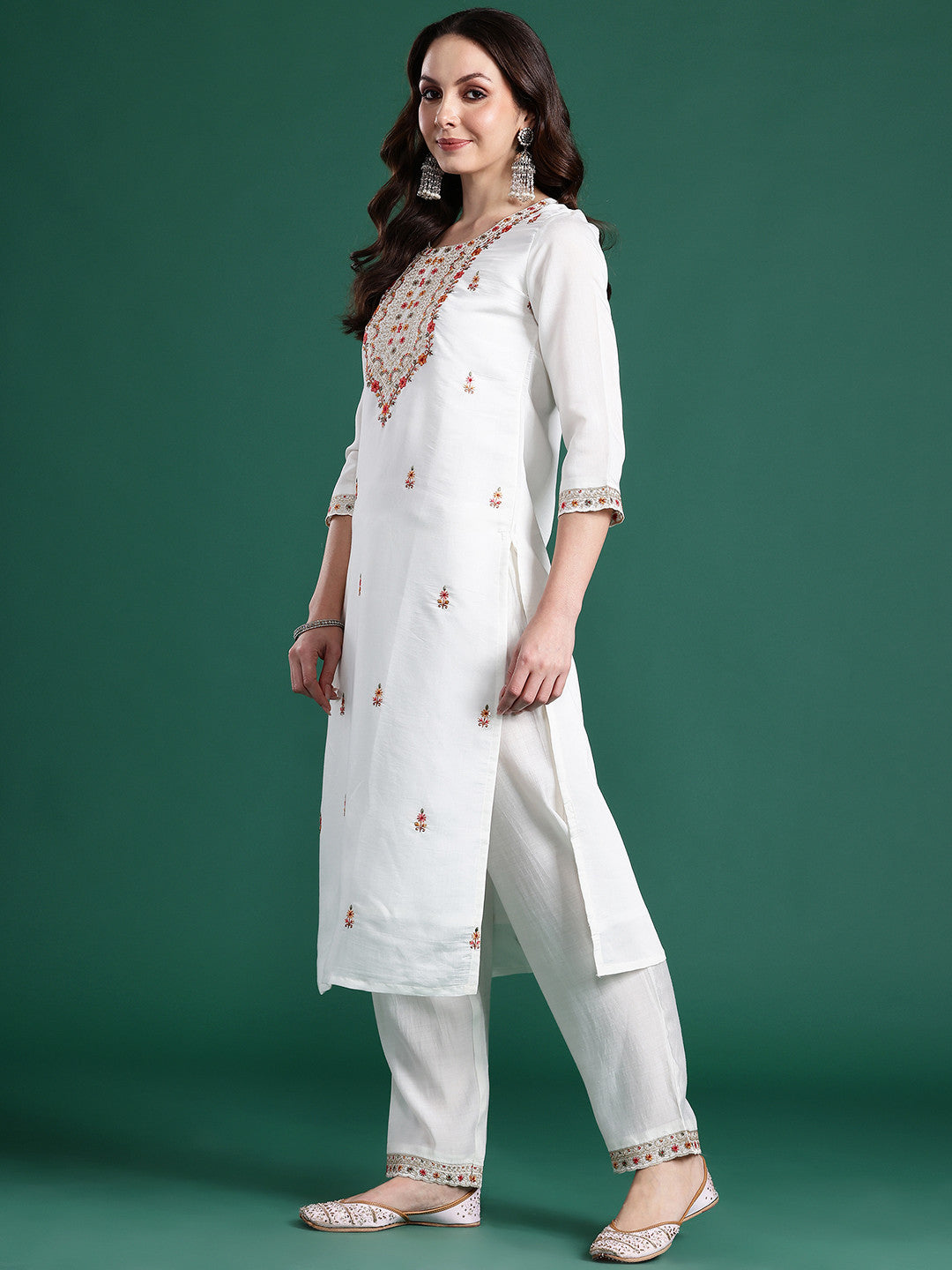 Floral Embroidered Thread Work Kurta With Trousers & Dupatta