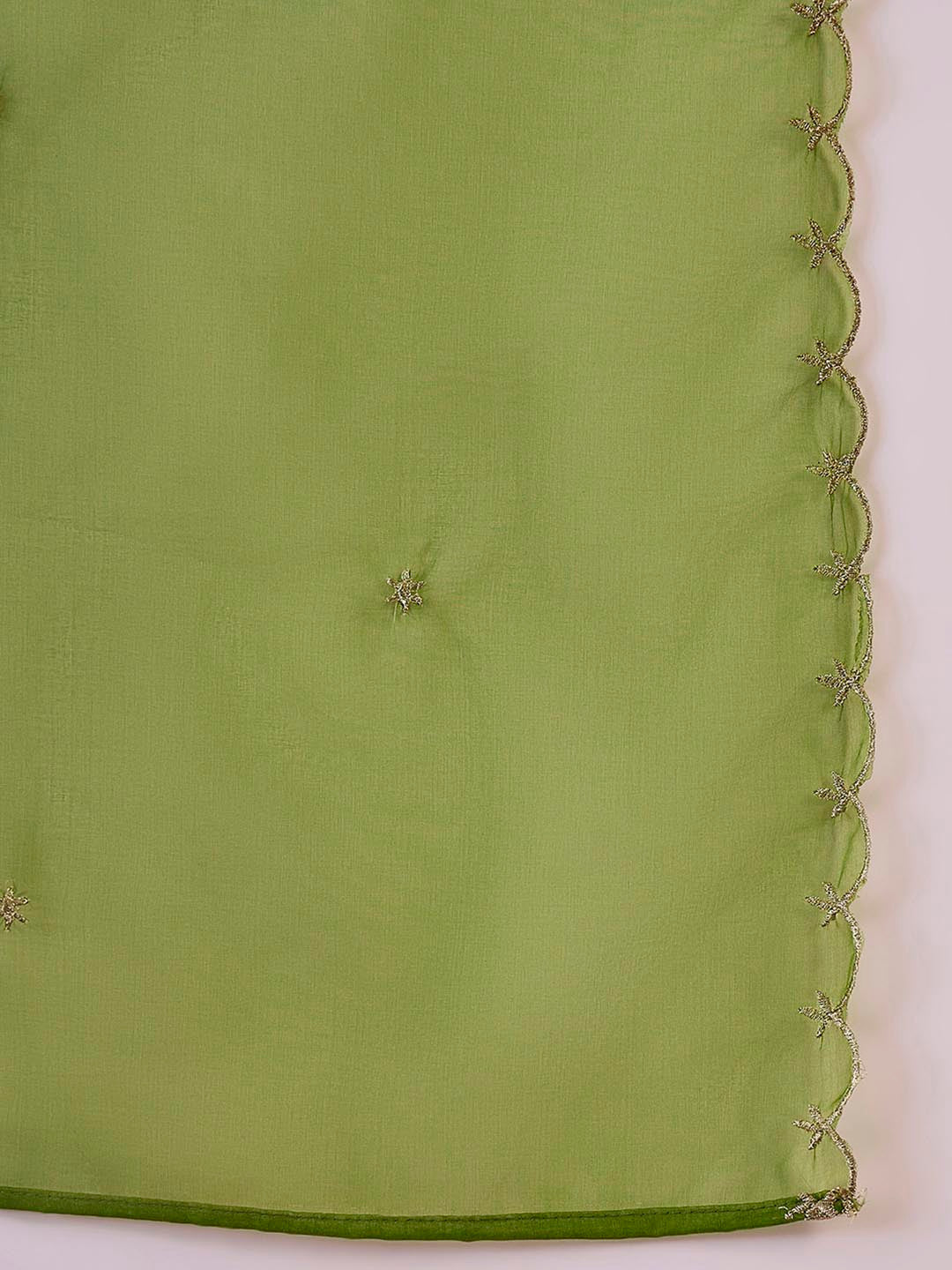 Green Yoke Design Embroidered V-Neck Straight Kurta With Trousers And Dupatta