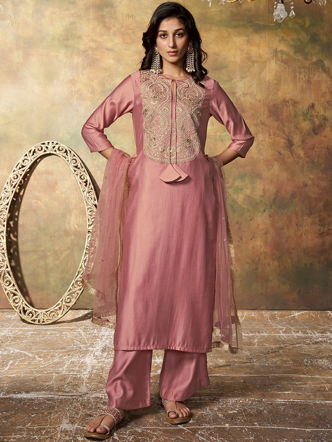 Dhiyona IN Floral Yoke Design Regular Pure Silk Kurta With Palazzos & Dupatta