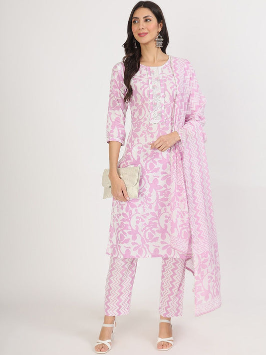 Dhiyona KL Floral Printed Pure Cotton Kurta With Trousers & Dupatta