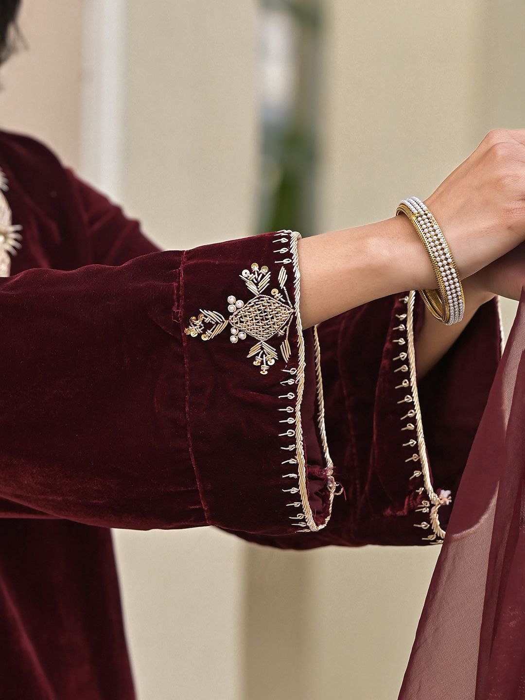 Dhiyona KL Ethnic Motifs Embroidered Embellished Velvet Straight Kurta With Trouser & Dupatta