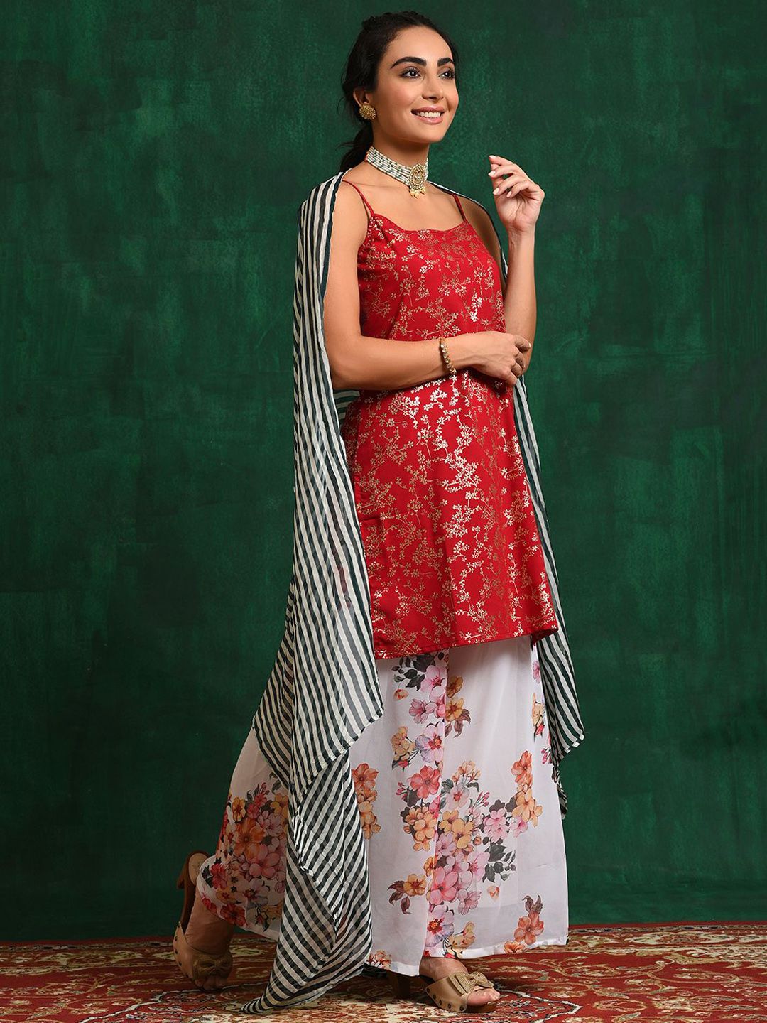 Dhiyona SN Red & White Floral Printed Zari Georgette Straight Kurta With Palazzo & Dupatta