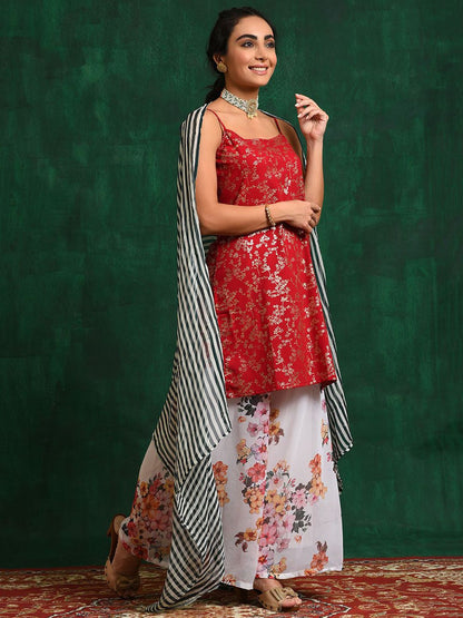 Dhiyona SN Red & White Floral Printed Zari Georgette Straight Kurta With Palazzo & Dupatta