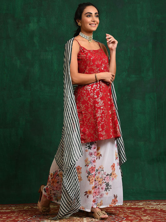 Dhiyona SN Red & White Floral Printed Zari Georgette Straight Kurta With Palazzo & Dupatta