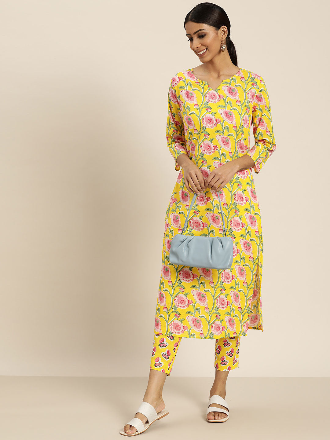 Women Yellow & Pink Ethnic Motifs Printed Cotton Kurta with Trousers