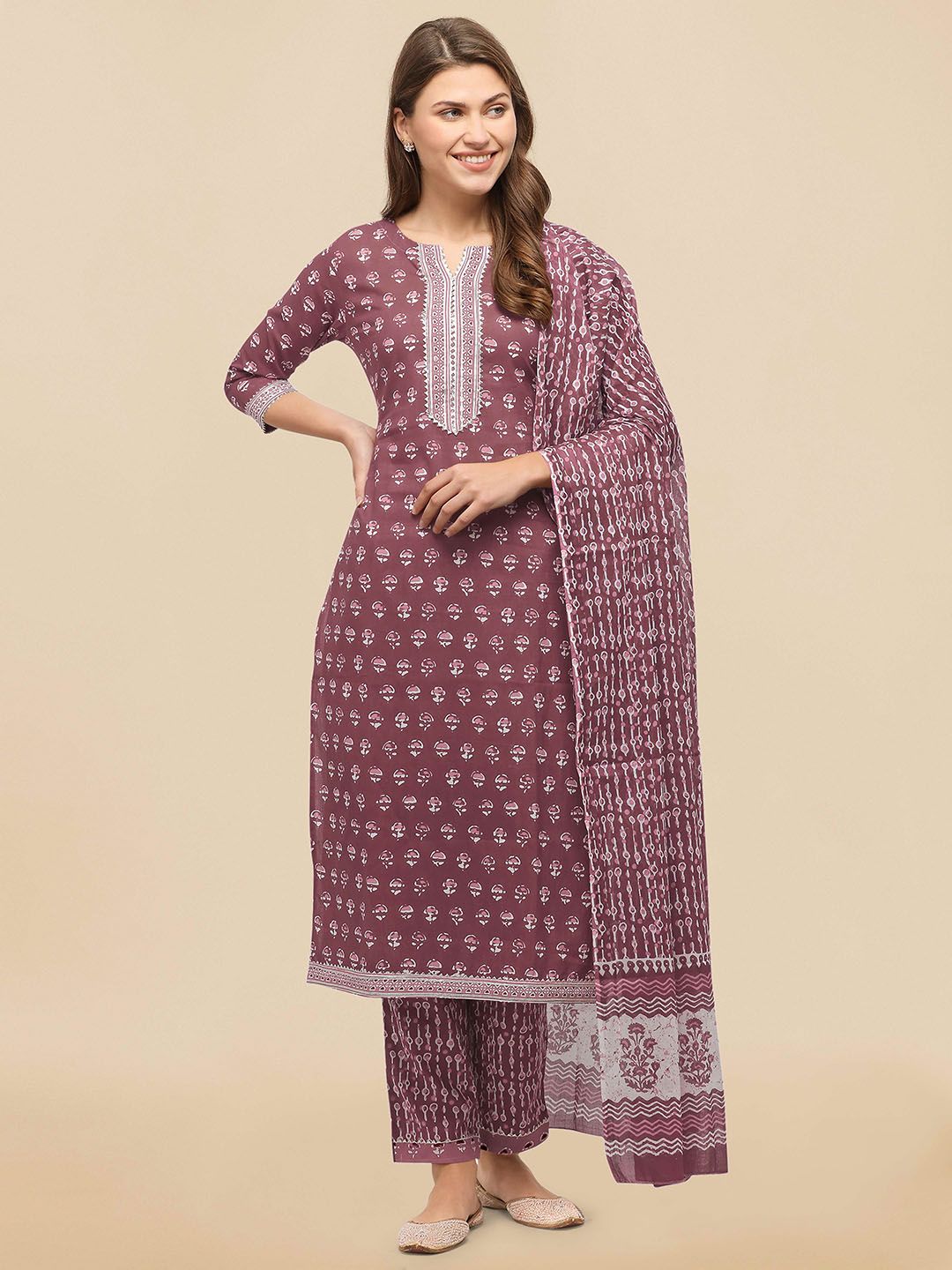 Dhiyona KL Women Pink & Off-White Printed Kurta with Trousers & Dupatta