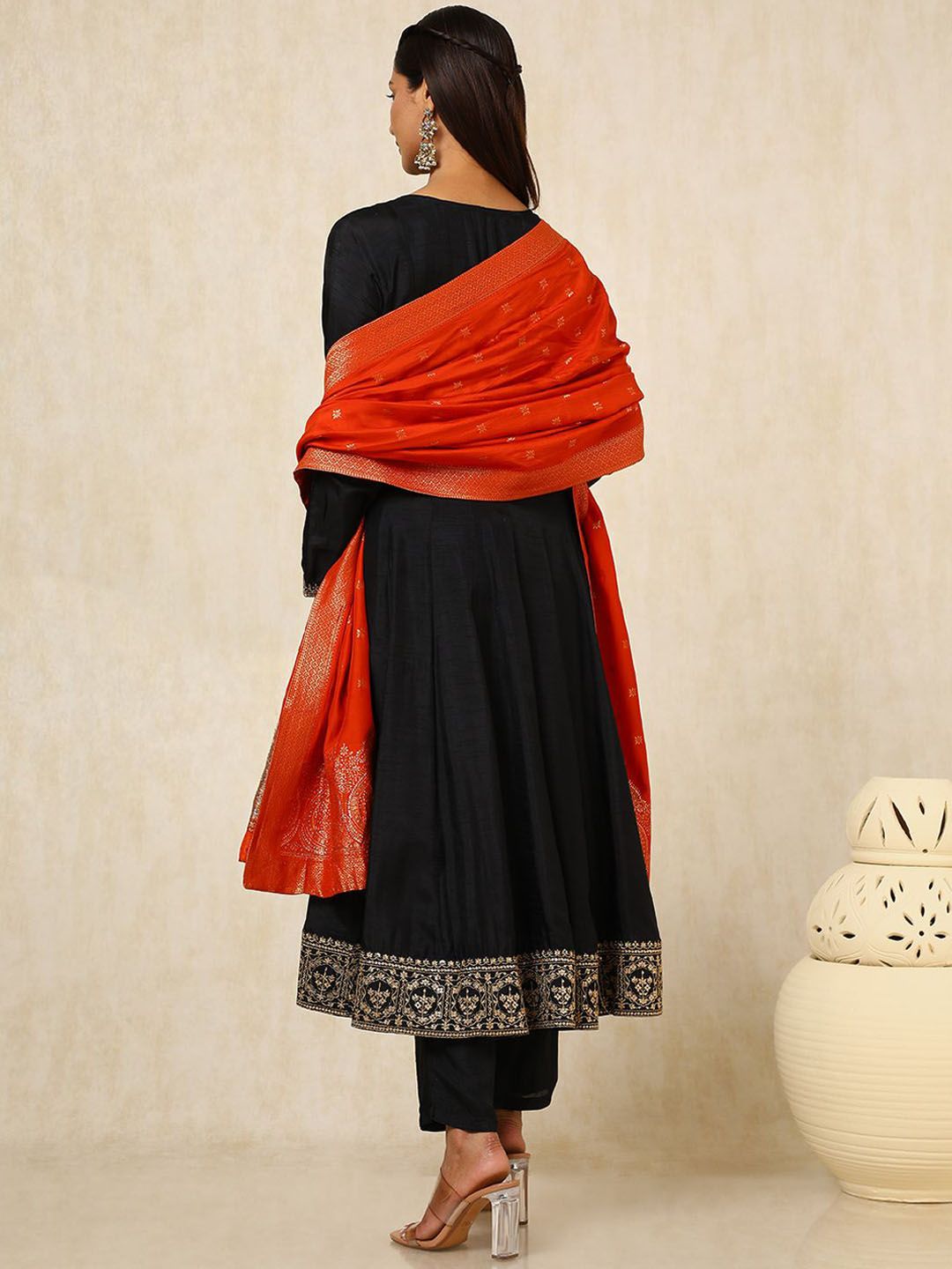 Dhiyona SO Women's Women Ethnic Motifs Embroidered Panelled Sequinned Dupion Silk Kurta with Trousers & With Dupatta